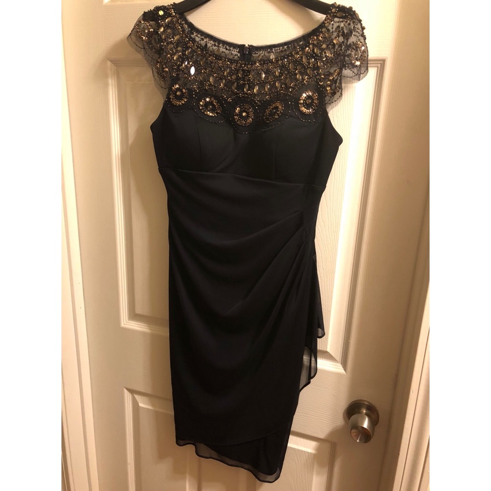 Navy mini dress w chocolate & gold embellishments